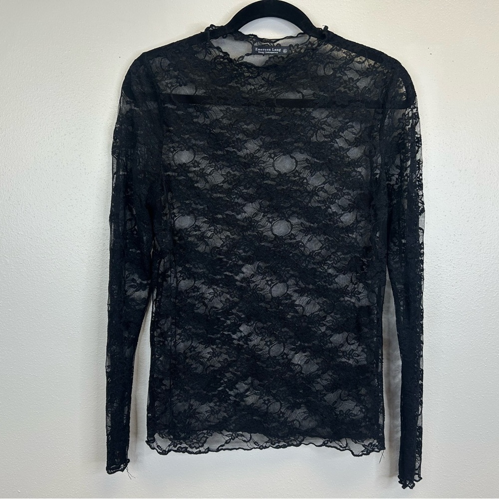 Emerson Lang Y2K Black Lace Sheer Top Womens XL Long Sleeve Goth Witchy Vampire - Picture 2 of 10